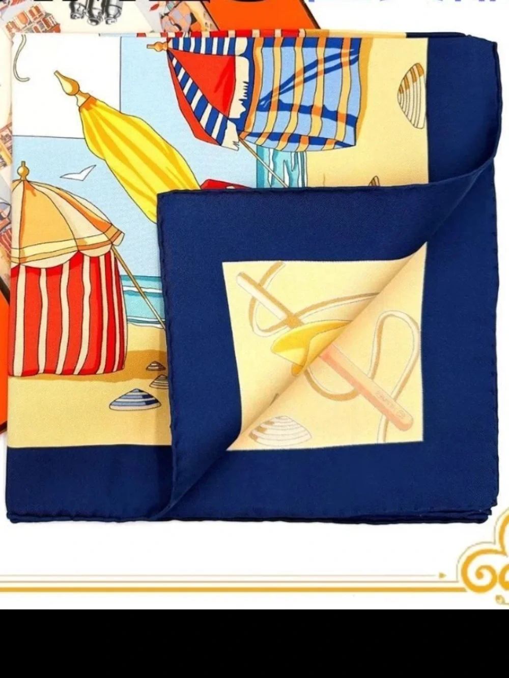Hermes Blue Red Yellow Beach Cabins Silk Scarf